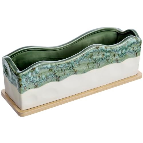 MyGift 13 Inch Large Rectangular Succulent Planter, Decorative Seafoam Green Glazed Beige Ceramic Indoor Plant Container Pot with Removable Bamboo Tray - Image 1