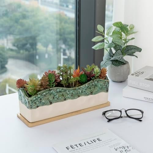 MyGift 13 Inch Large Rectangular Succulent Planter, Decorative Seafoam Green Glazed Beige Ceramic Indoor Plant Container Pot with Removable Bamboo Tray - Image 3