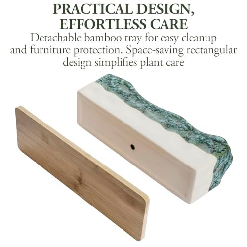 MyGift 13 Inch Large Rectangular Succulent Planter, Decorative Seafoam Green Glazed Beige Ceramic Indoor Plant Container Pot with Removable Bamboo Tray - Image 4