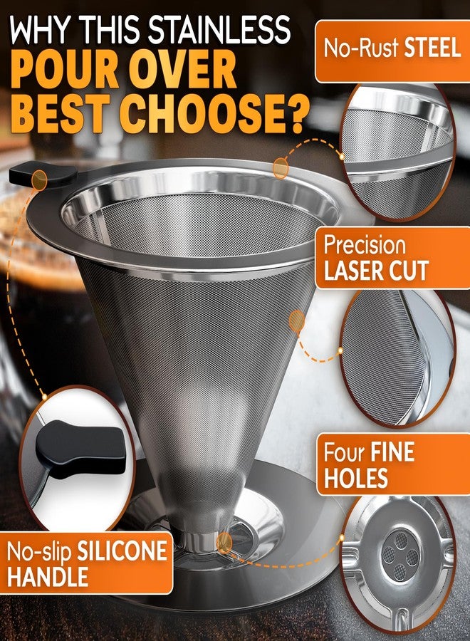 V TOWER Stainless Steel Pour Over Coffee Maker With Cleaning Brush & Non-Slip Silicone Handle - 2 Cups Capacity Stainless Steel Pour Over Coffee Dripper With Secure Wide Base, Clean Flavor Paperless - Image 4