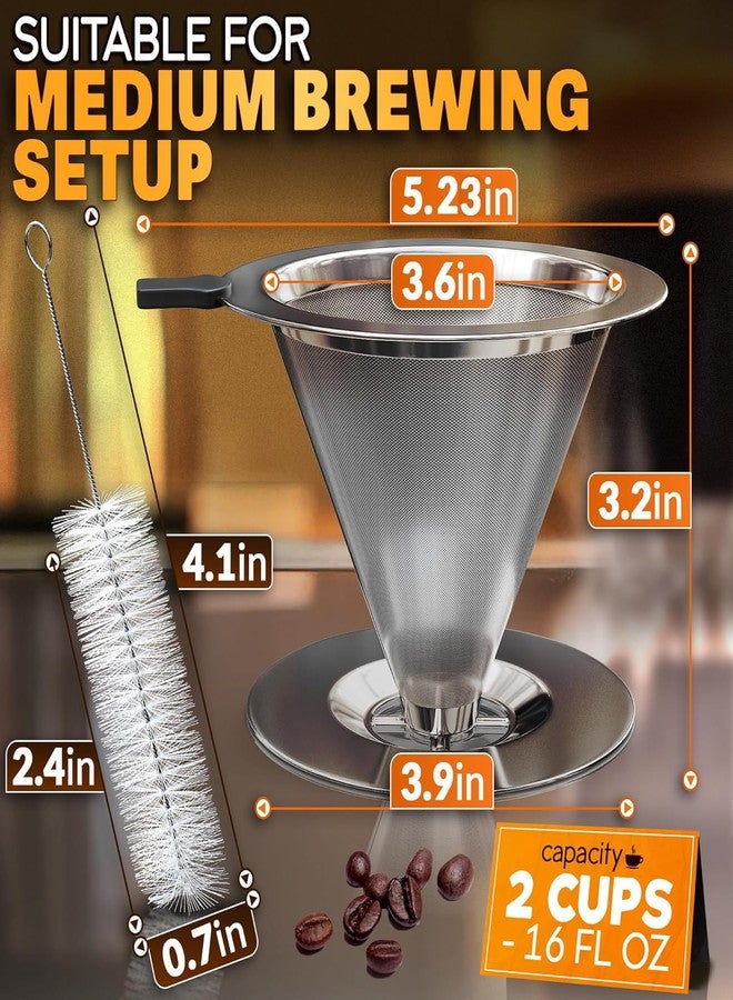 V TOWER Stainless Steel Pour Over Coffee Maker With Cleaning Brush & Non-Slip Silicone Handle - 2 Cups Capacity Stainless Steel Pour Over Coffee Dripper With Secure Wide Base, Clean Flavor Paperless - Image 2