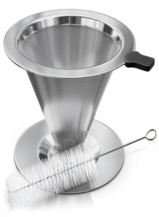 V TOWER Stainless Steel Pour Over Coffee Maker With Cleaning Brush & Non-Slip Silicone Handle - 2 Cups Capacity Stainless Steel Pour Over Coffee Dripper With Secure Wide Base, Clean Flavor Paperless - Image 1