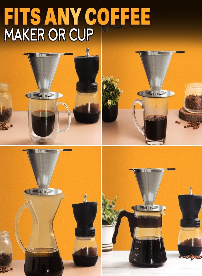 V TOWER Stainless Steel Pour Over Coffee Maker With Cleaning Brush & Non-Slip Silicone Handle - 2 Cups Capacity Stainless Steel Pour Over Coffee Dripper With Secure Wide Base, Clean Flavor Paperless - Image 5