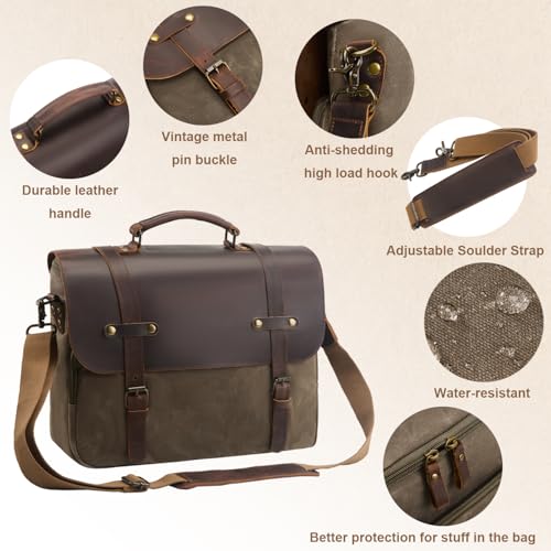 NEHOR Men's Messenger Bag Waxed Canvas Briefcase 16 Inch Vintage Genuine Leather Laptop Computer Bags Waterproof Satchel Shoulder Bag for Work/Office - Image 4
