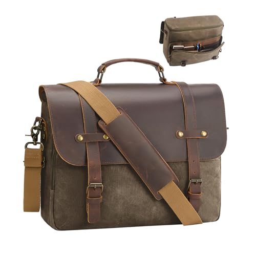 NEHOR Men's Messenger Bag Waxed Canvas Briefcase 16 Inch Vintage Genuine Leather Laptop Computer Bags Waterproof Satchel Shoulder Bag for Work/Office - Image 1