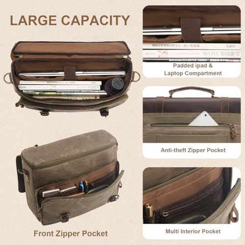 NEHOR Men's Messenger Bag Waxed Canvas Briefcase 16 Inch Vintage Genuine Leather Laptop Computer Bags Waterproof Satchel Shoulder Bag for Work/Office - Image 5