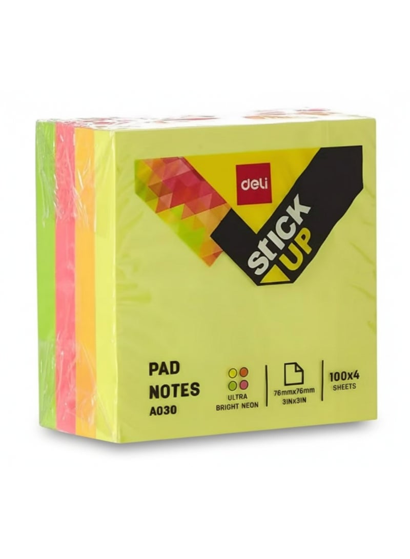 Deli Stick Up Neon Sticky Notes, 3" x 3", 4-Pad Pack, 400 Sheets – A030 - Image 1