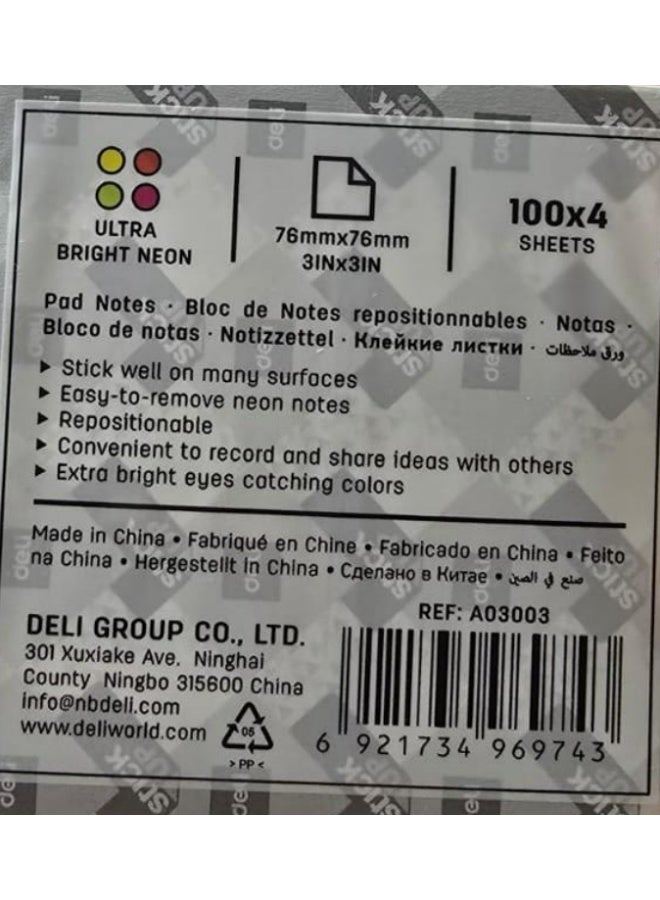 Deli Stick Up Neon Sticky Notes, 3" x 3", 4-Pad Pack, 400 Sheets – A030 - Image 2