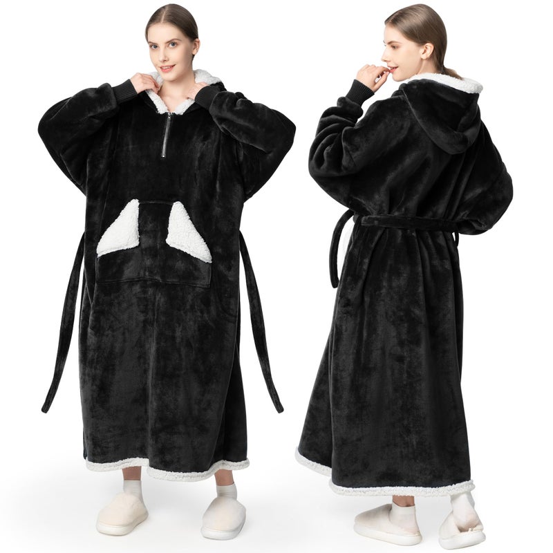 Wearable Blanket Hoodie as Gifts for Women Long Sherpa Fleece Hooded Blankets with Oversize Hood and Pocket Warm and Cozy Sweatshirt with Belt Winter Gift