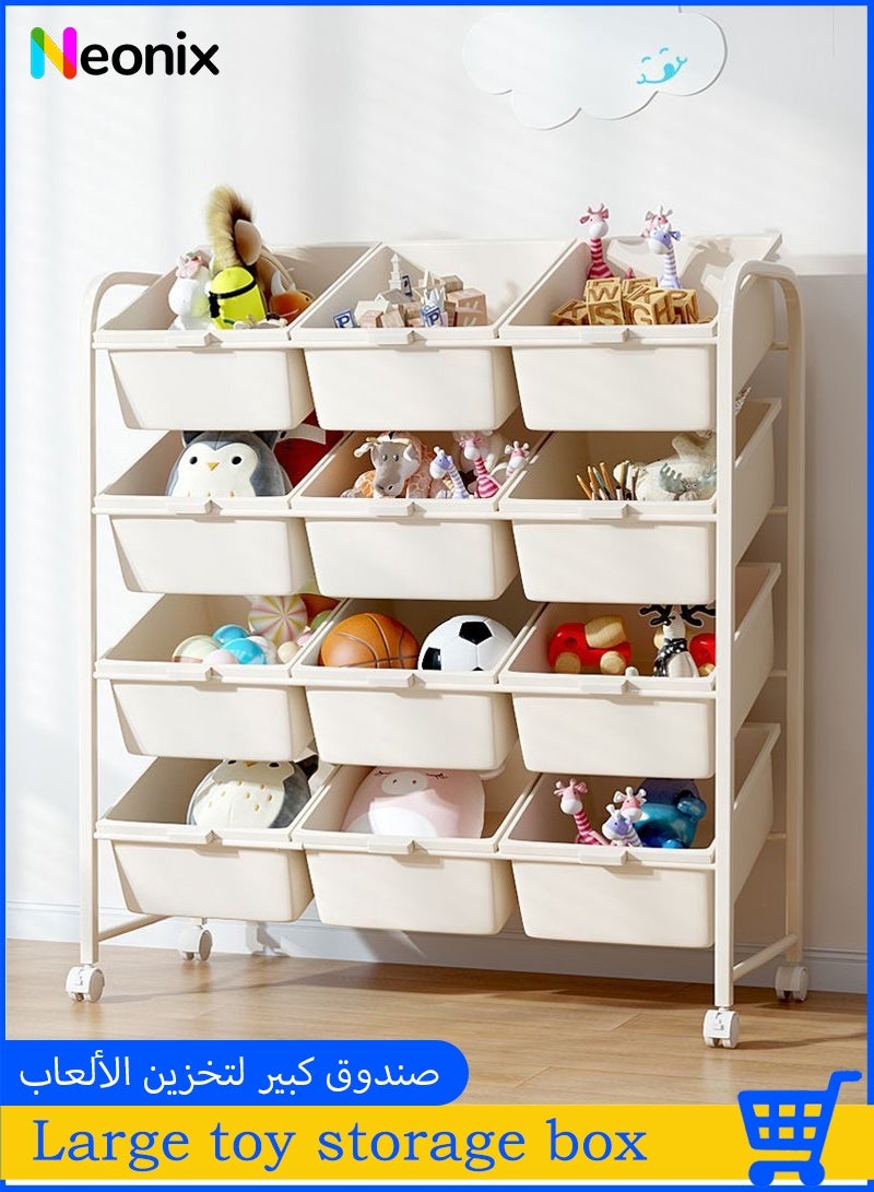 Neonix 4-tier toy storage rack with 12 separate compartments, featuring a 45-degree slanted design, heavy-duty construction, and a tip-resistant structure for easy access to items - Image 1