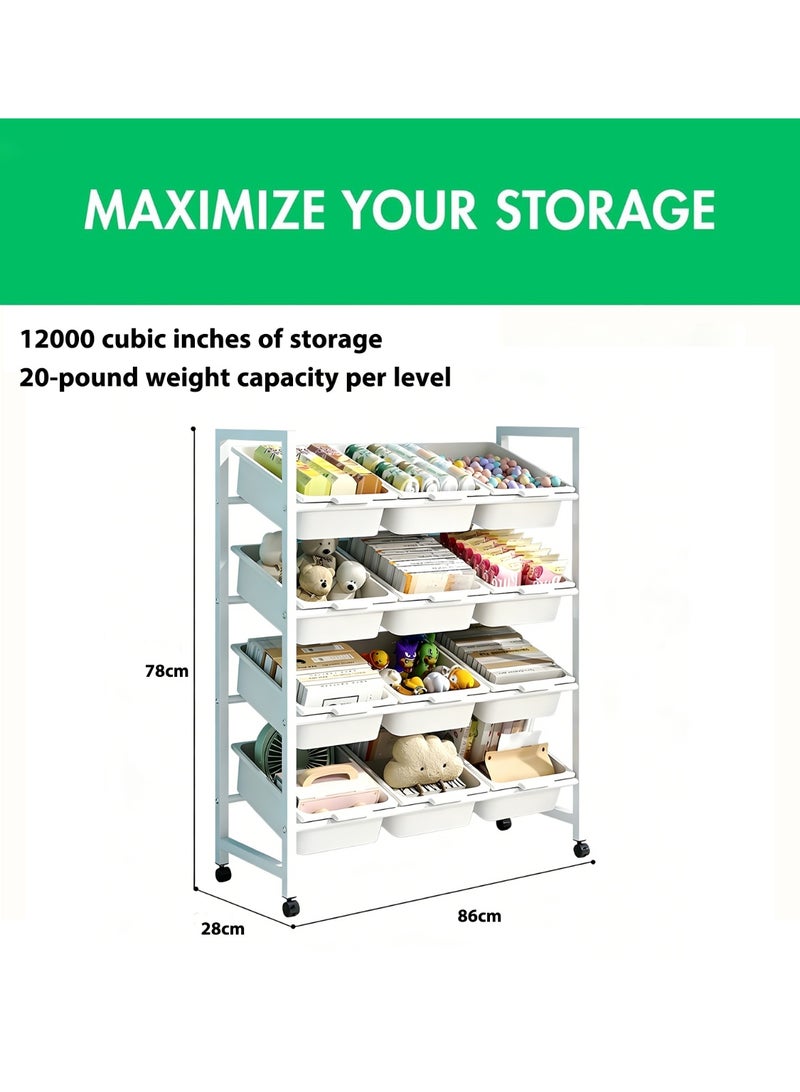 Neonix 4-tier toy storage rack with 12 separate compartments, featuring a 45-degree slanted design, heavy-duty construction, and a tip-resistant structure for easy access to items - Image 2