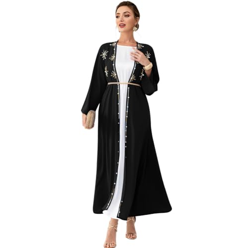 IDOPIP Muslim Abayas for Women Long Sleeve Open Front Cardigan with Belt Rhinestone Applique Maxi Kaftan Dress Islamic Dubai Robe Middle East Loose Full Cover Ramadan Prayer Dress Clothes Black S - Image 1