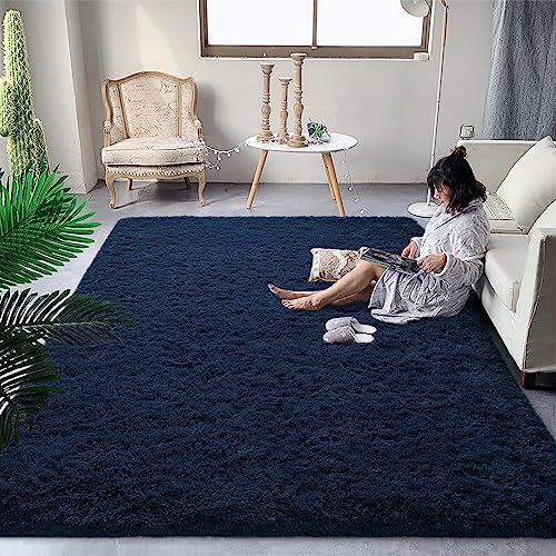DweIke Fluffy Navy Blue Rugs for Bedroom Living Room 4x6 Feet Soft Plush Shaggy Dark Blue Girls Boys Kids Rug NonSlip and Machine Washable Carpet for Dorm Nursery Classroom Decor