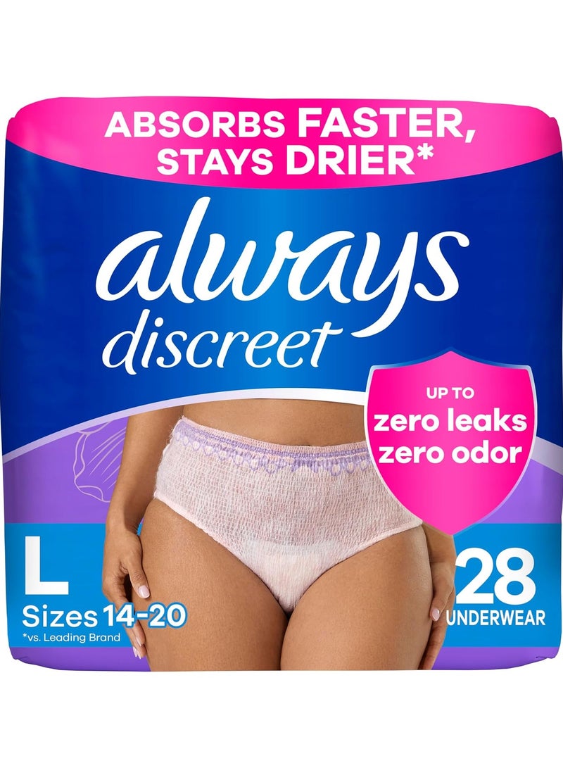 Always Discreet Adult Incontinence Underwear for Women and Postpartum Underwear, L, Up to 100% Bladder Leak Protection, 28 Count (Packaging May Vary) - Image 1