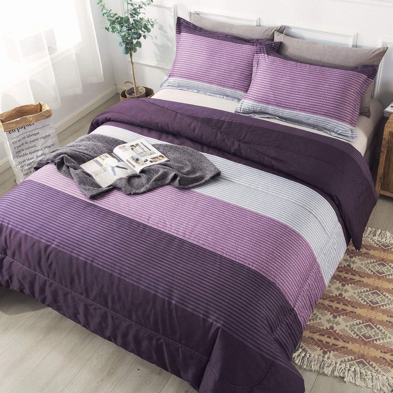 Andency Stripe Comforter Set Queen Size 90x90 Inch 3 Pieces Purple and Gray Patchwork Striped Comforter Soft Microfiber Down Alternative Comforter Bedding Set with Corner Loops