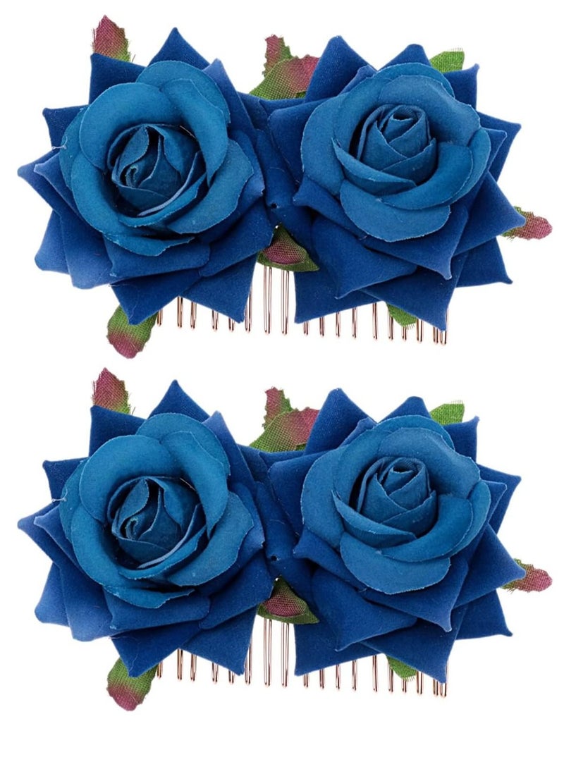 KASTWAVE حزمة 2 مشبك شعر زهرة الورد للنساء إكسسوارات شعر زهور الورد مشبك شعر زفاف راقصة الفلامنكو للنساء الفتيات حفلة كرة تنكرية وكوسبلاي (أزرق) - Image 1