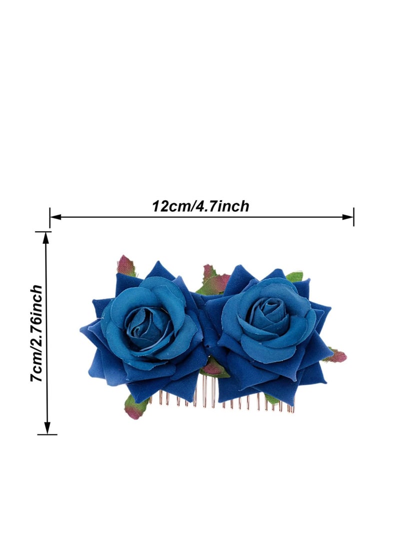 KASTWAVE حزمة 2 مشبك شعر زهرة الورد للنساء إكسسوارات شعر زهور الورد مشبك شعر زفاف راقصة الفلامنكو للنساء الفتيات حفلة كرة تنكرية وكوسبلاي (أزرق) - Image 3