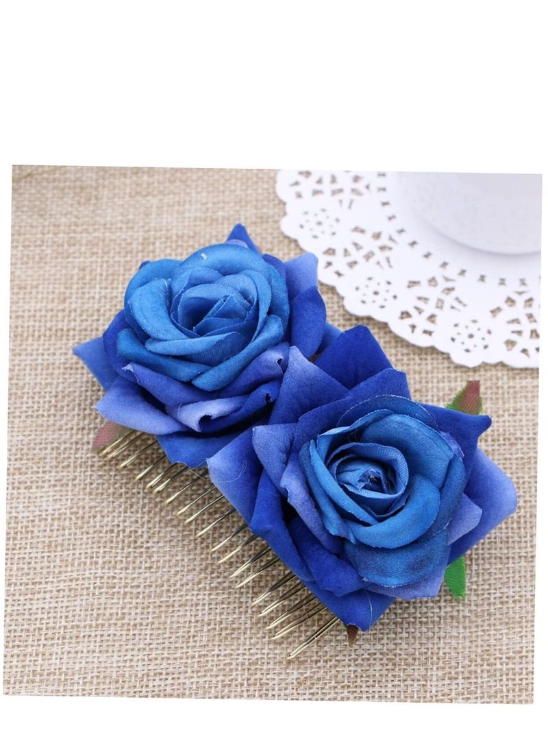 KASTWAVE حزمة 2 مشبك شعر زهرة الورد للنساء إكسسوارات شعر زهور الورد مشبك شعر زفاف راقصة الفلامنكو للنساء الفتيات حفلة كرة تنكرية وكوسبلاي (أزرق) - Image 5