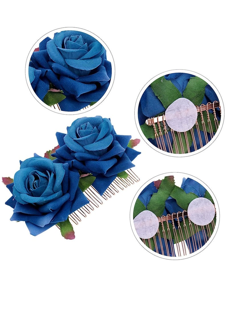 KASTWAVE حزمة 2 مشبك شعر زهرة الورد للنساء إكسسوارات شعر زهور الورد مشبك شعر زفاف راقصة الفلامنكو للنساء الفتيات حفلة كرة تنكرية وكوسبلاي (أزرق) - Image 2