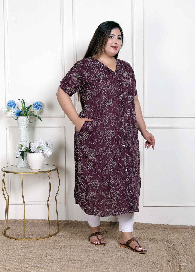 Miravan WOMENS Plus Size  Wine Mandarin Neck Floral Printed A-Line Party wear Kurta - Image 2