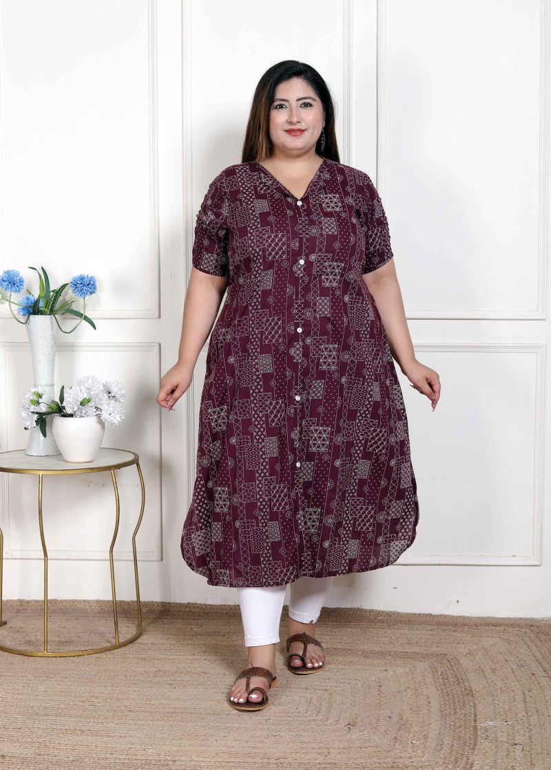 Miravan WOMENS Plus Size  Wine Mandarin Neck Floral Printed A-Line Party wear Kurta - Image 1