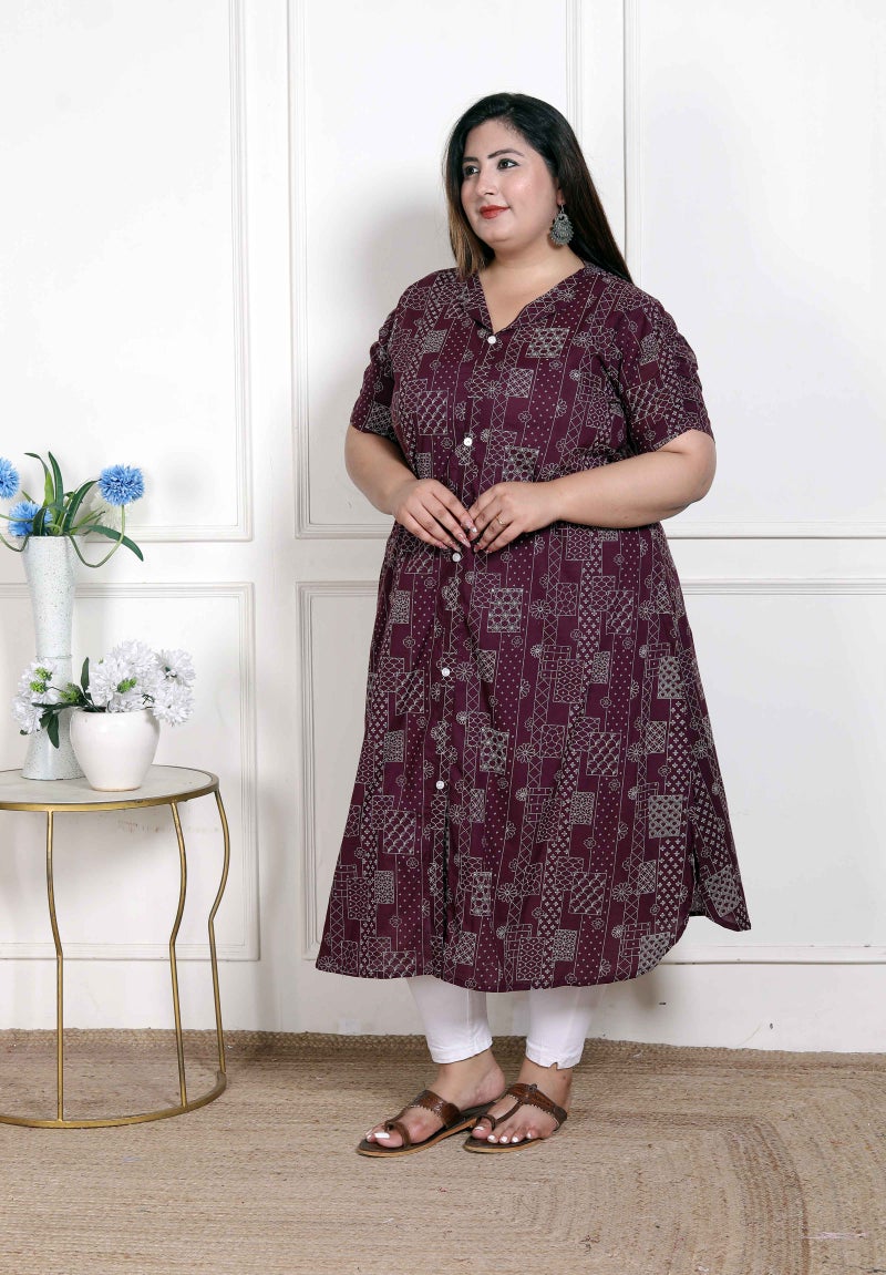 Miravan WOMENS Plus Size  Wine Mandarin Neck Floral Printed A-Line Party wear Kurta - Image 3