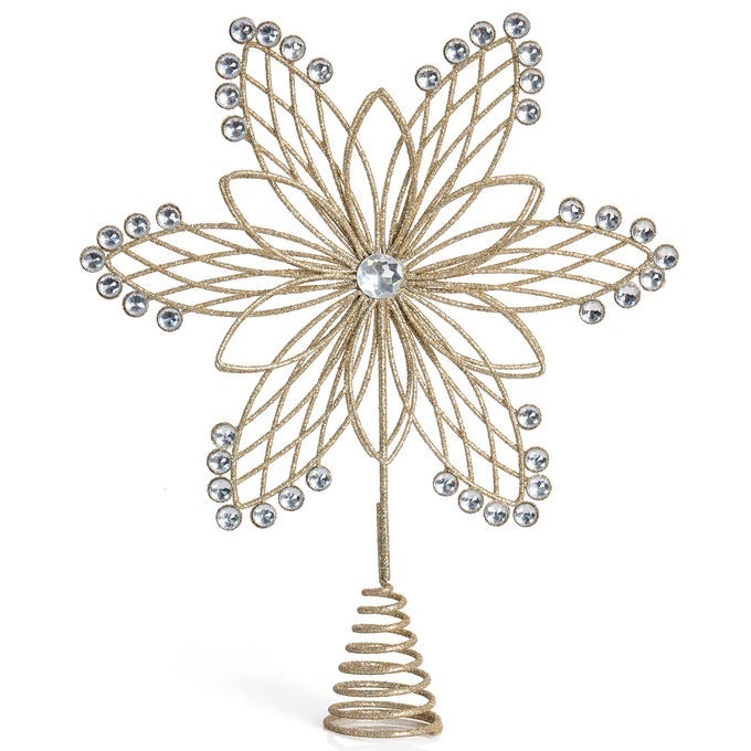 Jewel Flower Tree Topper Gold Glitter Sparkling Metal Wire Star Flower Topper with Sparkly Gem Jewel Finish Holiday Christmas Tree Top Decor Xmas Ornament Decoration
