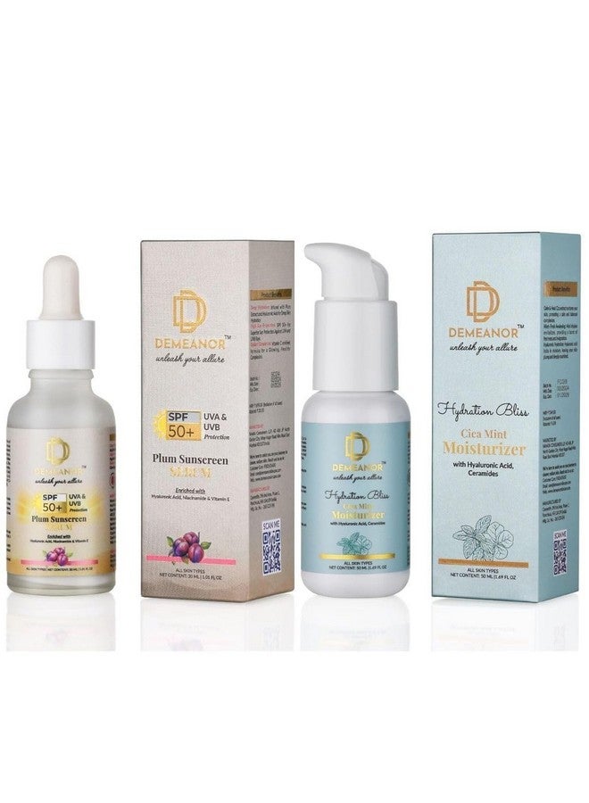Demeanor Cica + Hyaluronic Acid Oil-free Moisturizer - 50ml & Sunscreen Serum for All Skin Types SPF 50 PA++++ with Hyaluronic Acid & Vitamin C, 30ml with Broad Spectrum Protection for Hydrated - Image 1