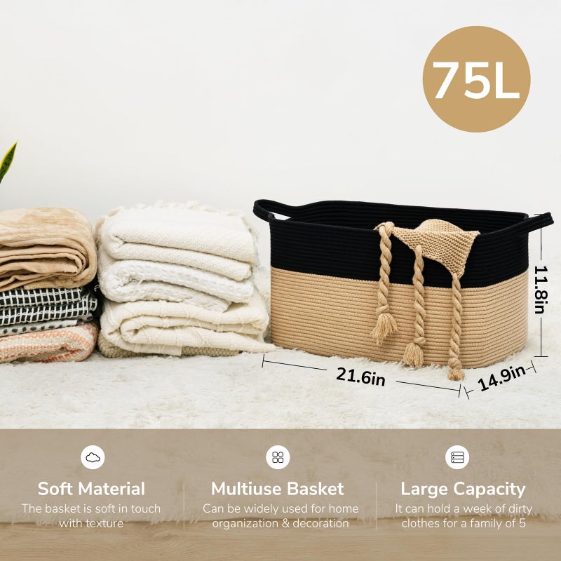 Goodpick Large Woven Storage Basket, 21.6" x 14.9" x 11.8" Rectangle Cotton Rope Laundry Basket with Handles, Baby Toy Blanket Storage for Living Room, Bedroom - Image 3