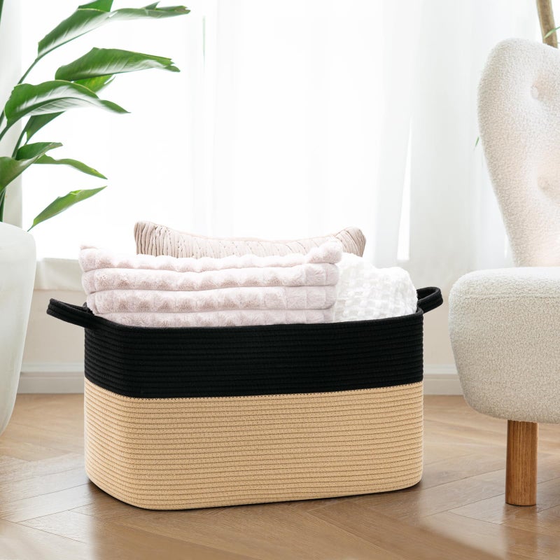 Goodpick Large Woven Storage Basket, 21.6" x 14.9" x 11.8" Rectangle Cotton Rope Laundry Basket with Handles, Baby Toy Blanket Storage for Living Room, Bedroom - Image 2