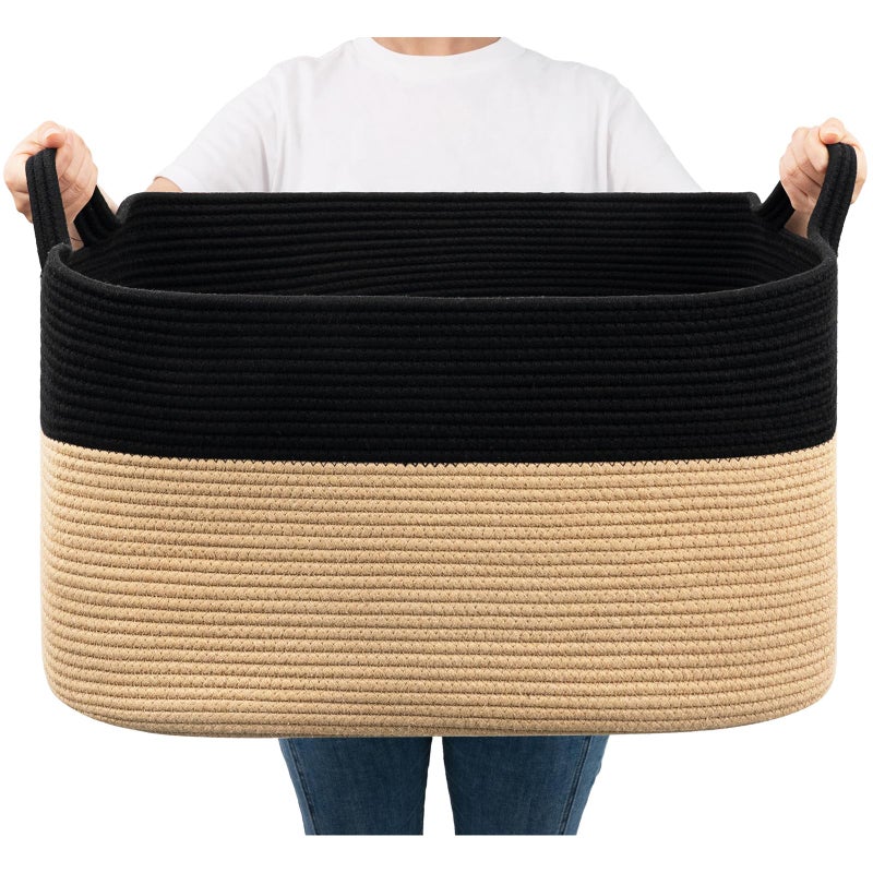 Goodpick Large Woven Storage Basket, 21.6" x 14.9" x 11.8" Rectangle Cotton Rope Laundry Basket with Handles, Baby Toy Blanket Storage for Living Room, Bedroom - Image 1