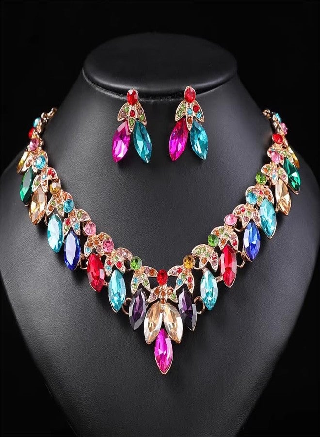 Zthread Crystal Floral Statement Necklace Earring Rhinestone Bib Collar Chunky Necklace Bridal Wedding Jewelry Set (Colorful) - Image 5