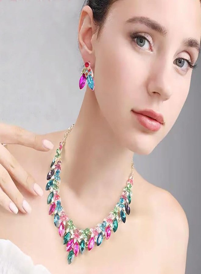 Zthread Crystal Floral Statement Necklace Earring Rhinestone Bib Collar Chunky Necklace Bridal Wedding Jewelry Set (Colorful) - Image 2