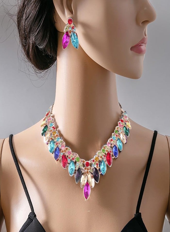 Zthread Crystal Floral Statement Necklace Earring Rhinestone Bib Collar Chunky Necklace Bridal Wedding Jewelry Set (Colorful) - Image 4