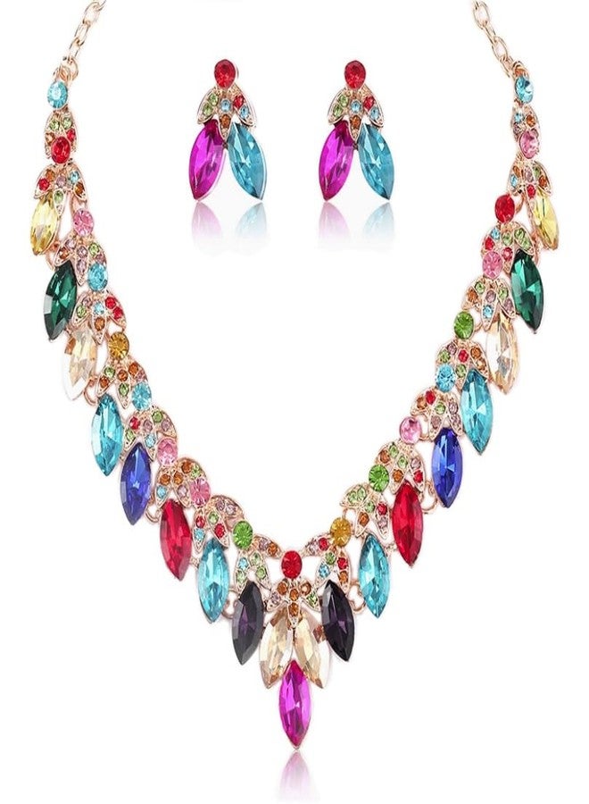 Zthread Crystal Floral Statement Necklace Earring Rhinestone Bib Collar Chunky Necklace Bridal Wedding Jewelry Set (Colorful) - Image 1