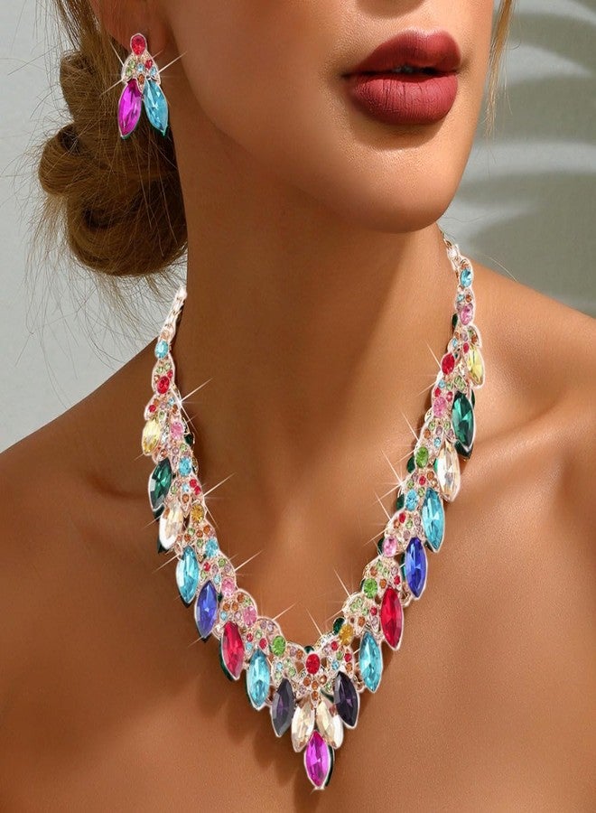 Zthread Crystal Floral Statement Necklace Earring Rhinestone Bib Collar Chunky Necklace Bridal Wedding Jewelry Set (Colorful) - Image 3