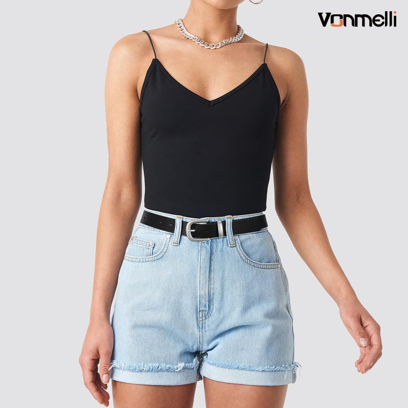 VONMELLI Women's Belt for Jean Pant, Women's Black Leather Belt for Dress with Sliver Buckleï¼ŒM - Image 2
