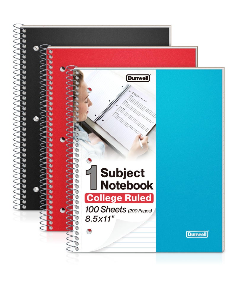 Dunwell 1 Subject College Ruled Notebooks  (3-Pack  Red  Blue  Black) Spiral Notebooks 8.5 X 11  Plastic Covers  Poly Pocket Dividers  100 Sheets (200 Pages)  3-Hole Punched Perforated Paper - Image 1