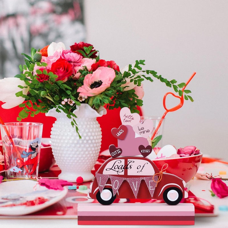 DECSPAS Valentines Day Decorations, Red Truck Wood Block Set Valentines Day Decor, Heart Ornaments Valentine Decor, Love Sign Valentines Decorations for The Home, Mantle, Dining Table - Image 2