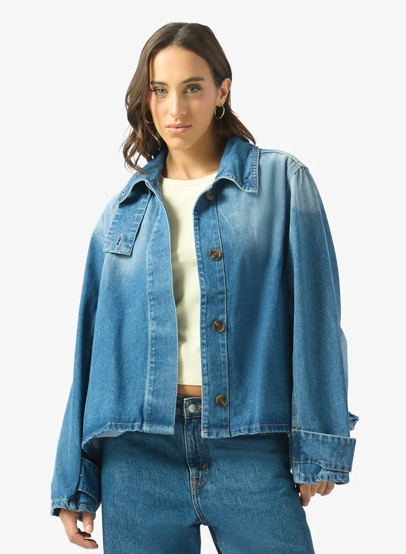 Funnel Neck Zip Up Oversize Denim Jacket