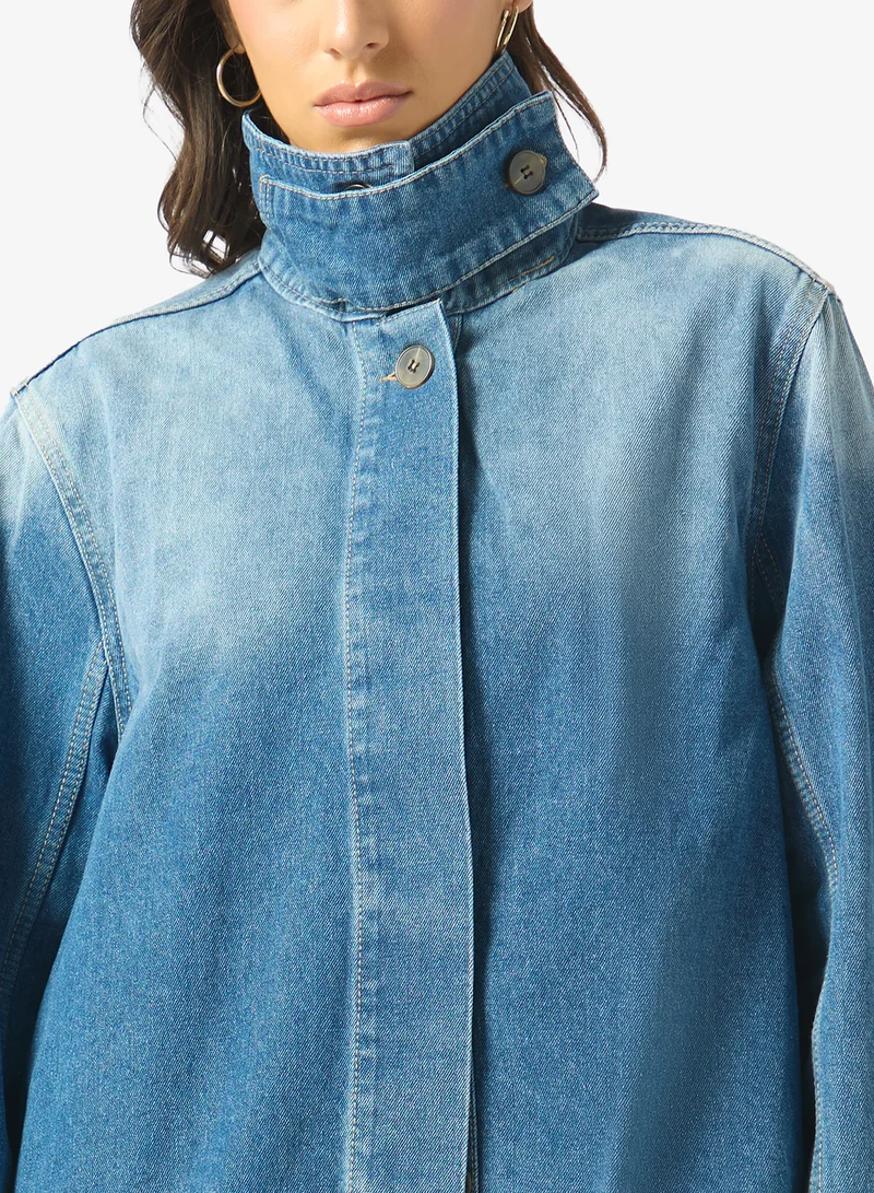 Ginger  Funnel Neck Zip Up Oversize Denim Jacket for Women | Best Price UAE
