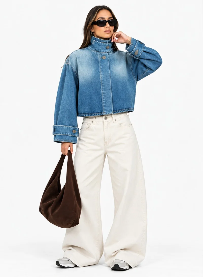 Funnel Neck Zip Up Oversize Denim Jacket
