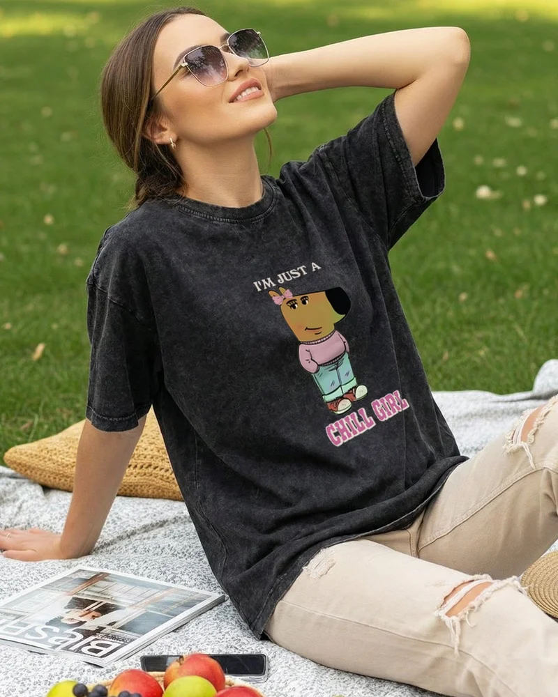 بيواكوف تيشيرت نسائي فضفاض مطبوع برسومات فتاة سوداء وغسيل حمضي