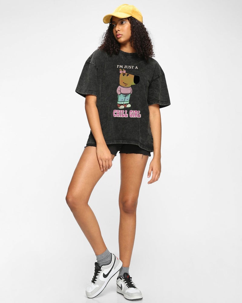 bewakoof Women's Black Chill Girl Graphic Printed Oversized Acid Wash T-shirt - Image 5