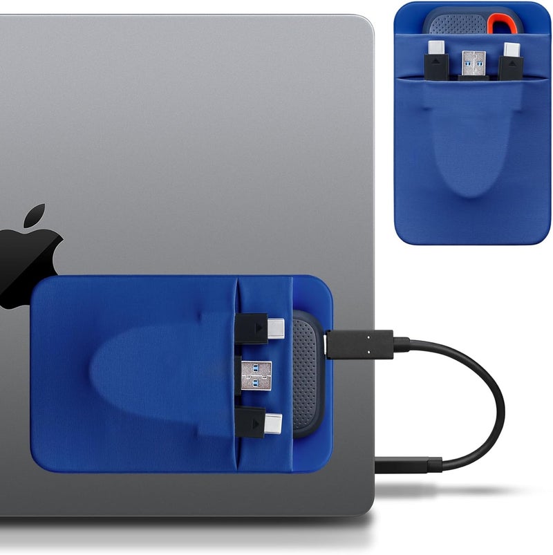 Lacdo Portable Hard Drive Sleeve for Laptop, 2-Pocket Stick on Pouch with Reusable Adhesive, for SanDisk, Samsung, Crucial, Portable External Solid State Drive SSD Hard Drive Carrying Case, Blue - Image 1