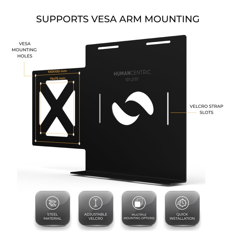 HumanCentric حامل VESA عالمي للأجهزة الصغيرة من HumanCentric، حامل حزام قابل للتعديل لأجهزة الكمبيوتر الصغيرة، المودم والأجهزة الإلكترونية الأخرى، يركب على ظهر شاشة الكمبيوتر باستخدام ذراع VESA - Image 5