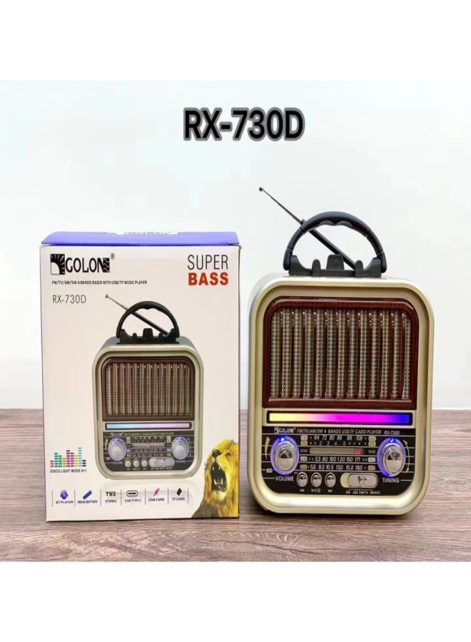 جولون مكبر صوت RX-730D بتصميم كلاسيكي، إضاءة ديسكو AM FM SW TV، 4 نطاقات صوت ستيريو، مكبر صوت راديو BT USB TF TWS، مكبر صوت FM كلاسيكي - Image 1