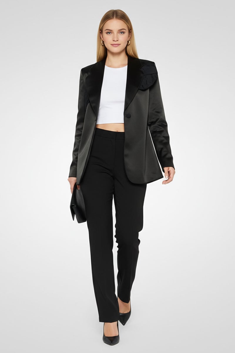 armani بليزر نسائي بقصة عادية بأكمام طويلة، أسود - Image 1