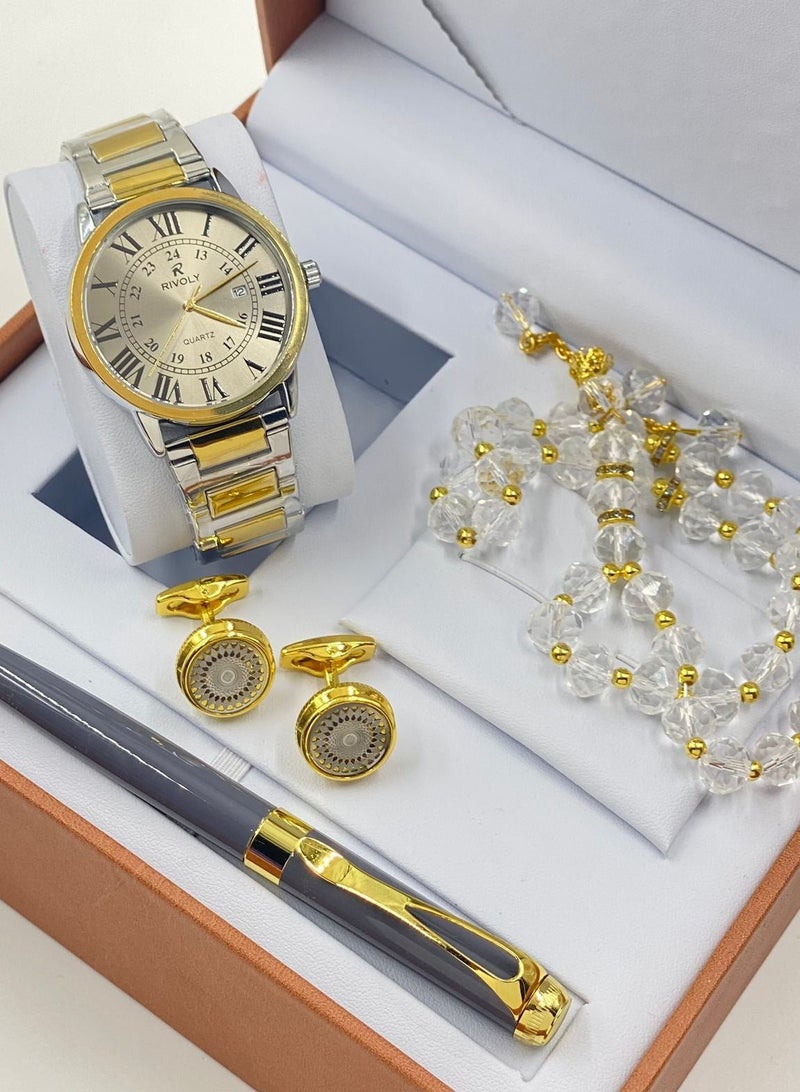 Gift Set Men's Watch Set of 4 Pieces Watch with Pen Set of Buttons