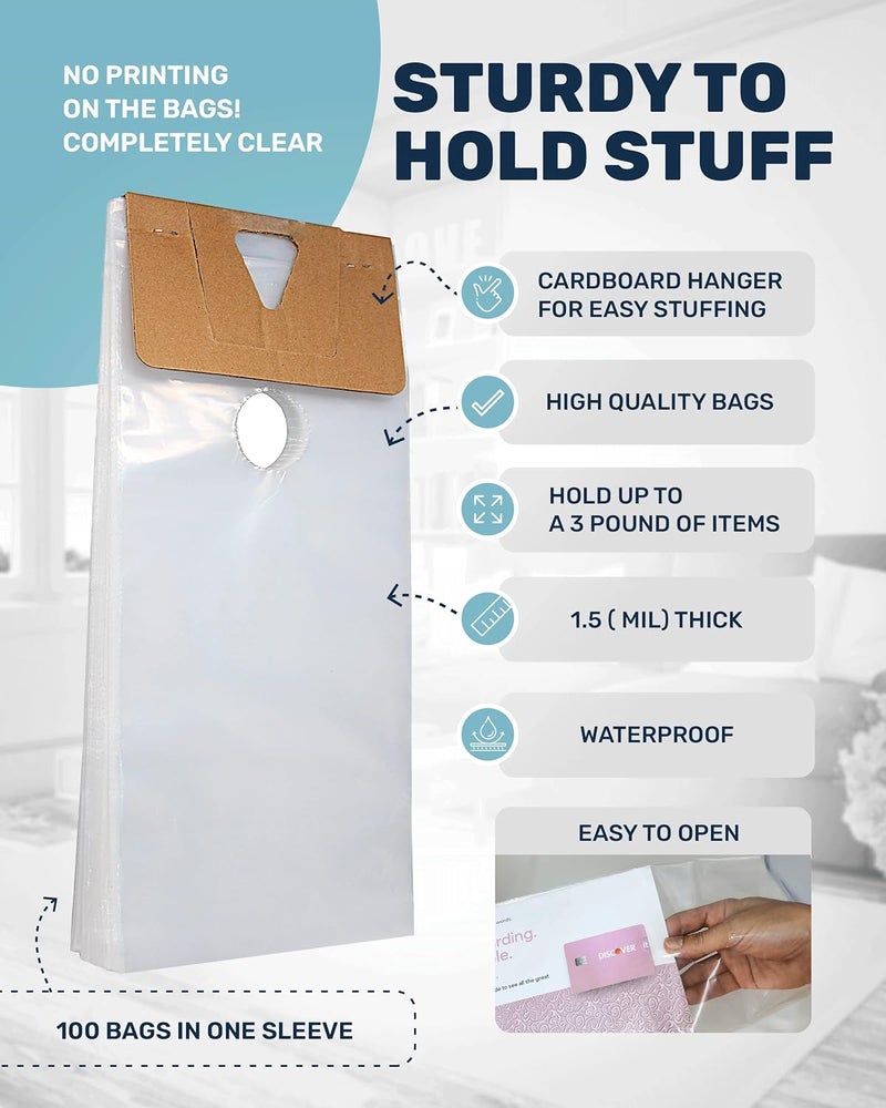 Skywin TidyFriend Door Hanger Bags 6” x 12” (200 Pack), Clear Door Hanger Bags Protects Flyers, Brochures, Notices, Printed Materials - Waterproof and Secure Door Knob Hanger Bag for Outdoor Use - Image 4